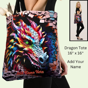 Add Name Text, 3D Rainbow Dragon Cracked Wall Tote Bag