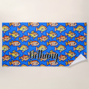 Add Name Text, Abstract Gold Fish in Blue Water Beach Towel