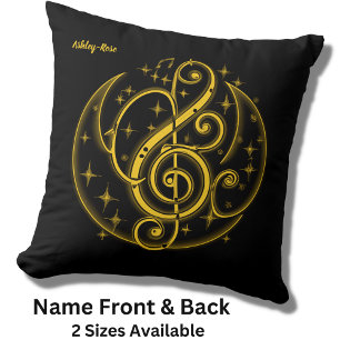 Add Name Text Abstract Golden Treble Clef on Black Cushion