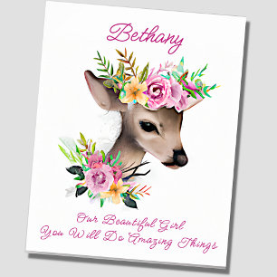 Add Name Text, Baby Deer Fawn with Pink Flowers  Poster