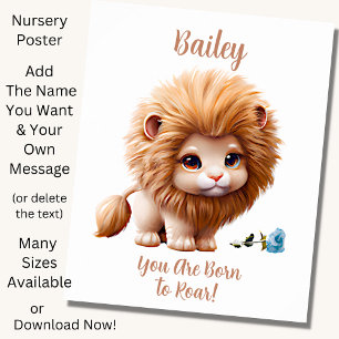 Add Name Text, Baby Lion with Blue Flower   Poster