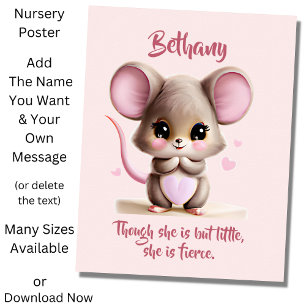 Add Name Text, Baby Mouse with Big Ears on Pink Poster