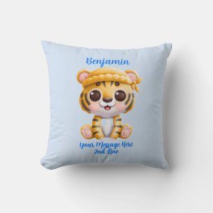 Add Name Text, Baby Tiger with Hat on Blue Cushion