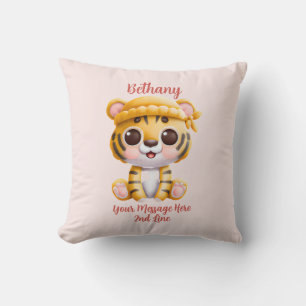 Add Name Text, Baby Tiger with Hat on Pink Baby  Cushion
