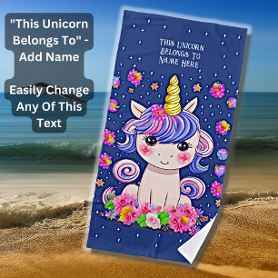 Add Name Text, Baby Unicorn Flowers & Stars Blue   Beach Towel