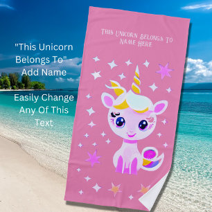 Add Name Text, Baby Unicorn with Stars on Pink Beach Towel