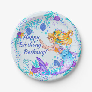 Add Name Text Blonde Mermaid Blue Mauve Aqua Party Paper Plate
