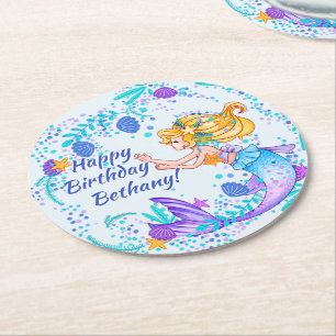 Add Name Text Blonde Mermaid Blue Mauve Aqua Party Round Paper Coaster