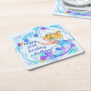 Add Name Text Blonde Mermaid Blue Mauve Aqua Party Square Paper Coaster