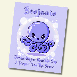 Add Name Text, Blue Baby Octopus in Bubble in Sky Poster