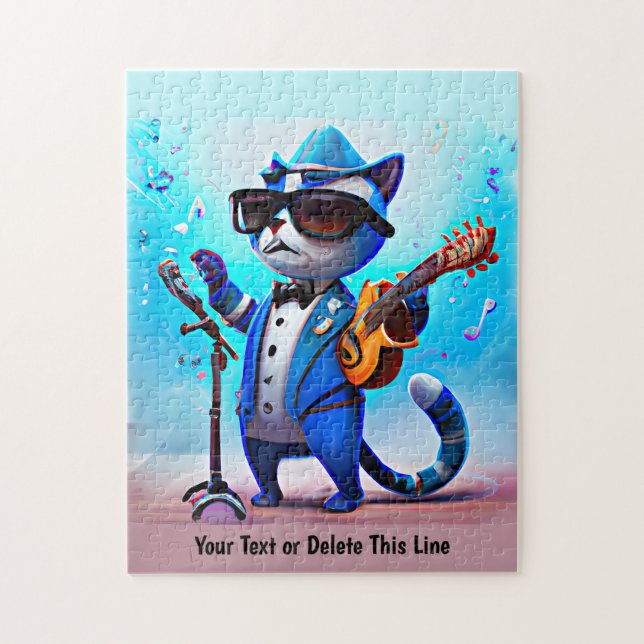 Add Name Text Blue Cat Singer Music Sunglasses Hat Jigsaw Puzzle (Vertical)