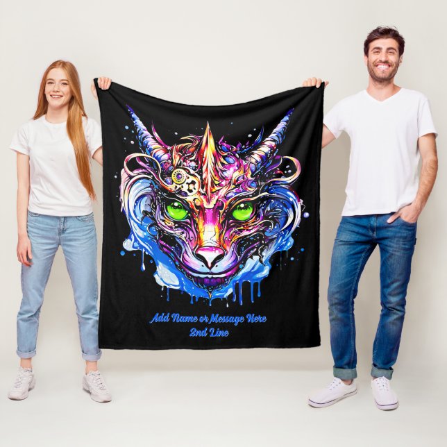 Add Name Text, Blue Pink Fantasy Dragon Green Eyes Fleece Blanket (In Situ)