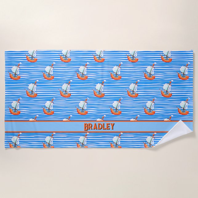Add Name Text, Blue White Stripes & Sail Boat  Beach Towel (Front)
