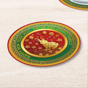 Add Name Text Chinese New Year Green Red Gold Round Paper Coaster