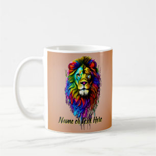 Add Name Text, Colourful Paint Drip Lion  Coffee Mug