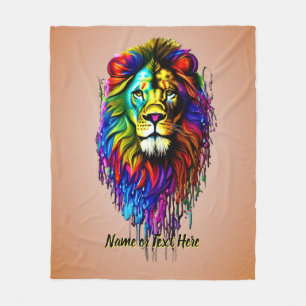 Add Name Text, Colourful Paint Drip Lion Fleece Blanket