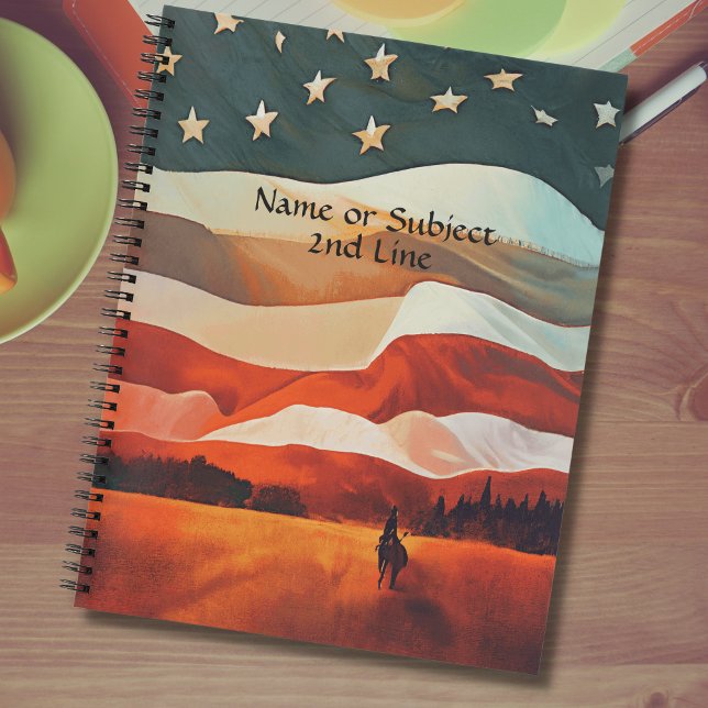 Add Name Text, Cowboy Riding into Flag Sunset  Notebook (Creator Uploaded)