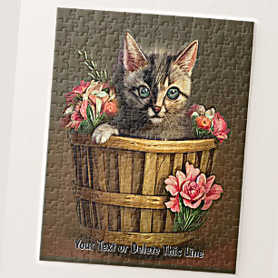 Add Name Text, Cute Adorable Kitten Basket Flowers Jigsaw Puzzle