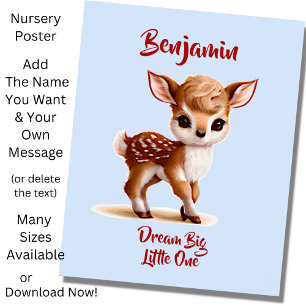 Add Name Text, Cute Fawn - Baby Deer on Blue Poster