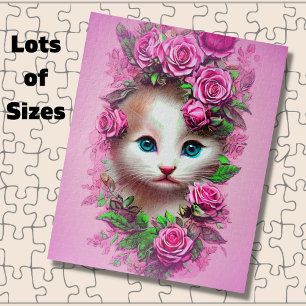 Add Name Text, Cute Shabby Chic Kitten, Pink Roses Jigsaw Puzzle