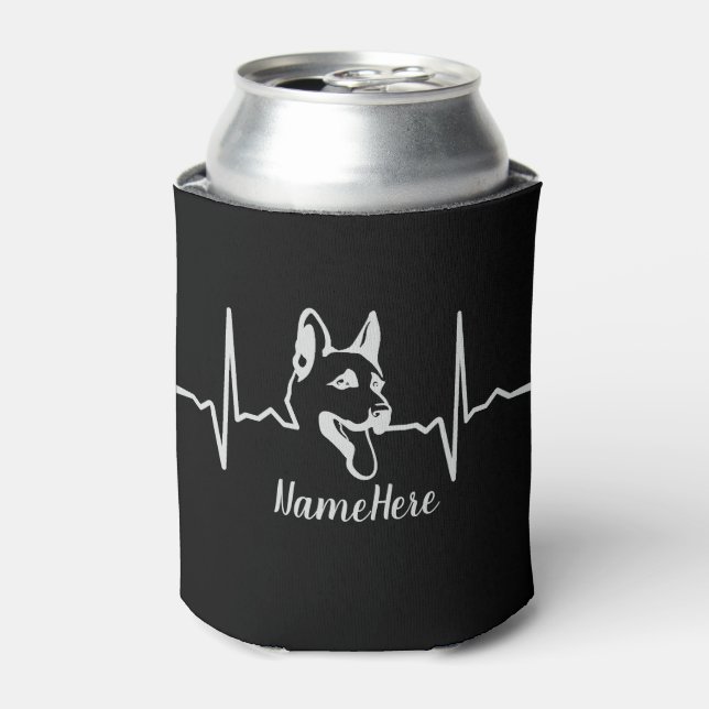 Add Name Text, German Shepherd Heartbeat on Black Can Cooler (Can Front)