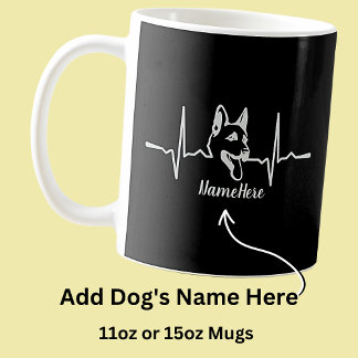 Add Name Text, German Shepherd Heartbeat on Black Coffee Mug