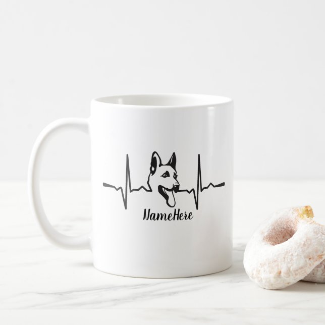 Add Name Text, German Shepherd Heartbeat on Coffee Mug (With Donut)
