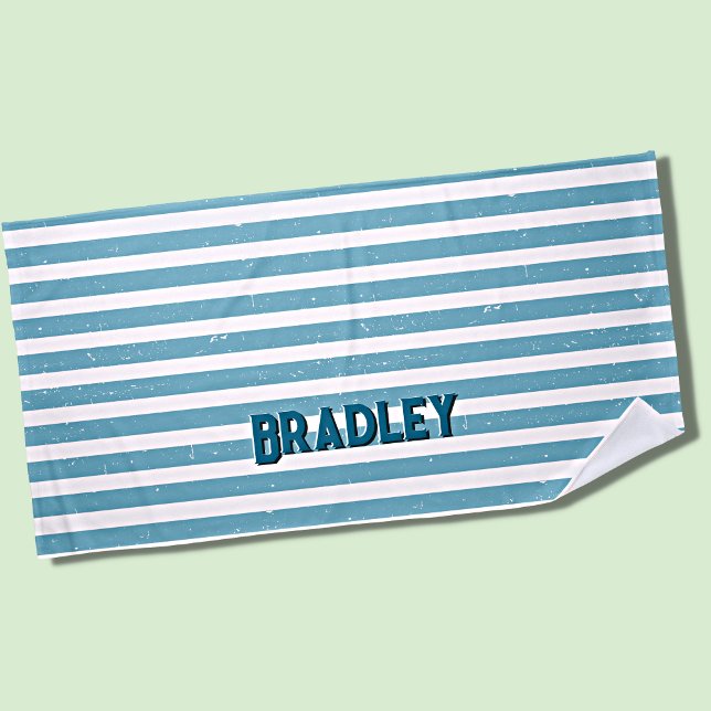 Add Name Text, Grungy Blue White Stripes Beach Towel (Creator Uploaded)