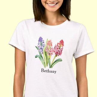 Add Name Text, Hyacinth Flowers, Pinks & Purples T-Shirt