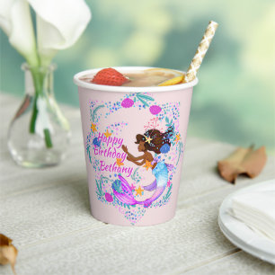 Add Name Text Mermaid Pink Mauve Aqua Party Paper Cups