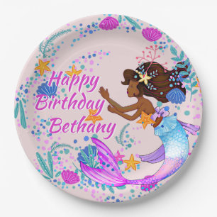 Add Name Text Mermaid Pink Mauve Aqua Party Paper Plate