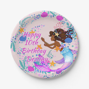 Add Name Text Mermaid Pink Mauve Aqua Party Paper Plate