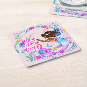 Add Name Text Mermaid Pink Mauve Aqua Party Square Paper Coaster