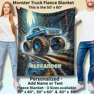 Add Name Text, Monster Truck in Forest Fleece Blanket