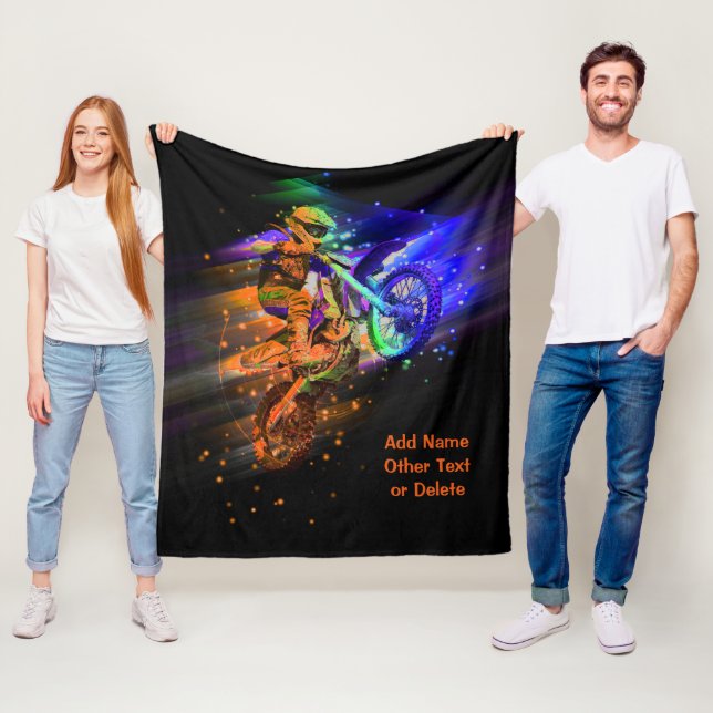Add Name Text (or Delete) Motocross Bike Rider  Fleece Blanket (In Situ)