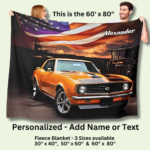 Add Name Text, Orange Muscle Car  Fleece Blanket