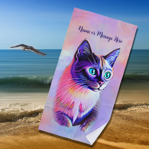Add Name Text, Pastels Painted Siamese Cat Beach Towel
