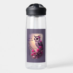 Add Name Text, Purple Owl & Pink Flowers Water Bottle