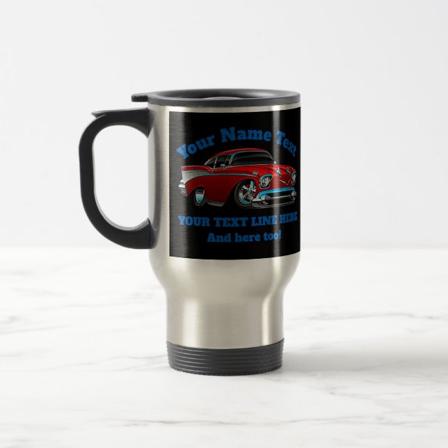 Add NAME TEXT Red Blue Hot Rod Classic Muscle Car  Travel Mug (Left)