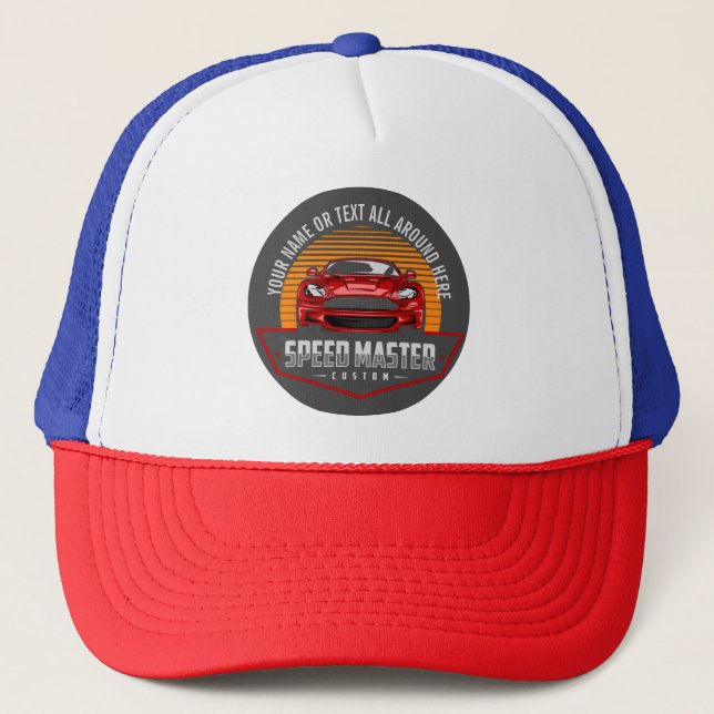 Add Name Text Red Custom SPEEDMASTER Trucker Hat (Front)