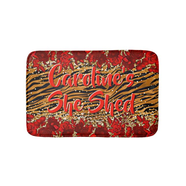 Add Name Text She Shed Tiger Stripes Red Flowers   Bath Mat (Front)