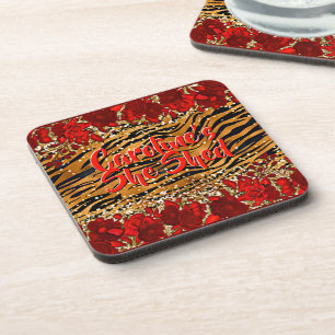 Add Name Text She Shed Tiger Stripes Red Flowers Coaster