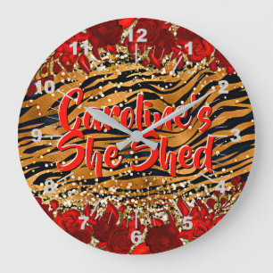 Add Name Text She Shed Tiger Stripes Red Flowers   Large Clock