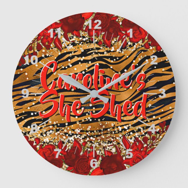 Add Name Text She Shed Tiger Stripes Red Flowers   Large Clock (Front)