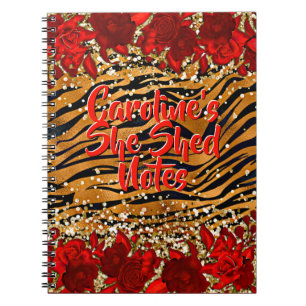 Add Name Text She Shed Tiger Stripes Red Flowers Notebook