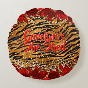 Add Name Text She Shed Tiger Stripes Red Flowers   Round Cushion