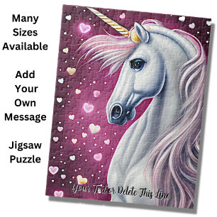 Add Name Text, Silver Mauve Unicorn, Hearts Purple Jigsaw Puzzle