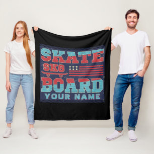 Add Name Text Skateboard SK8 USA Flag Red Blue     Fleece Blanket