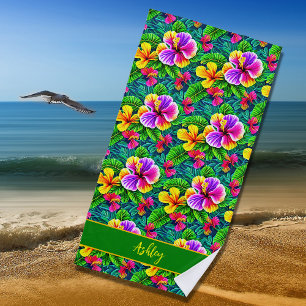 Add Name Text Tropical Hibiscus Flower Jungle Leaf Beach Towel