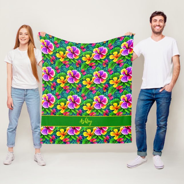 Add Name Text Tropical Hibiscus Flower Jungle Leaf Fleece Blanket (In Situ)